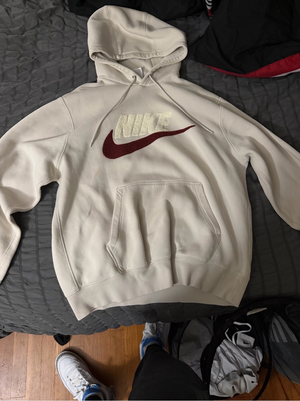 Nike Men's Cream Hoodie with Maroon Swoosh Logo